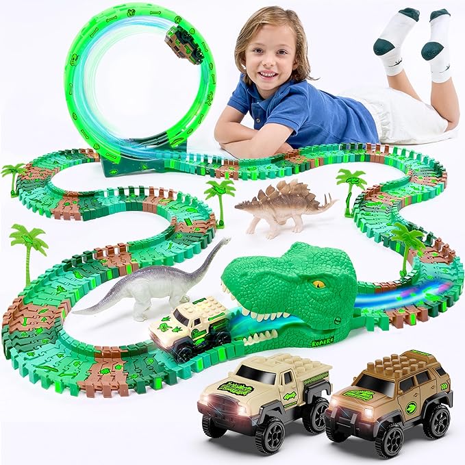 JITTERYGIT Race Track Set Glow in The Dark Track Toy for Boys & Girls Age 3, 4, 5, 6 and 7 (Dino Track Glow Loop)