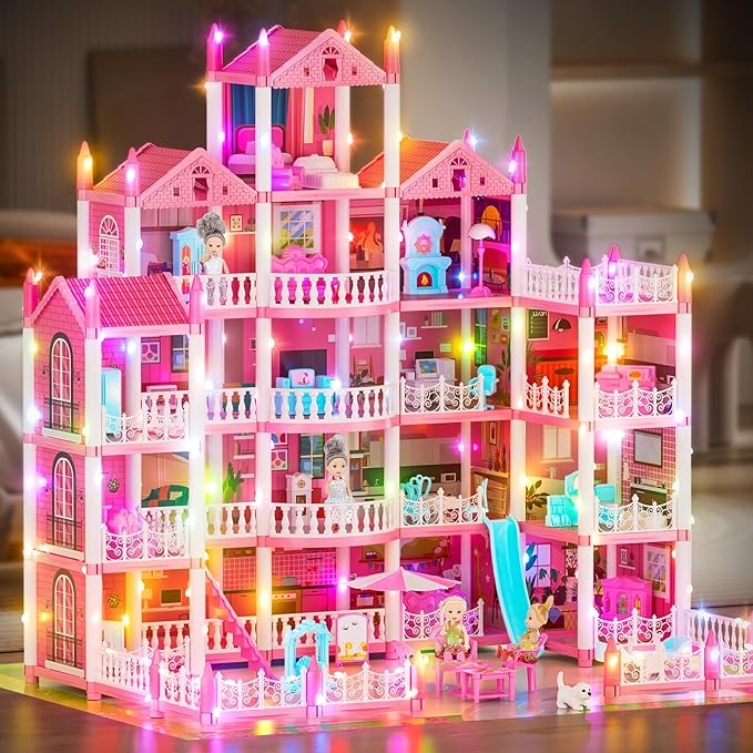5-Story Dream Doll House for Girls with 19 Rooms, Lights, Dolls, and Furniture - Large DIY Playhouse for Grils Ages 6-16 - Perfect Imaginative STEM Gift for Birthdays & Holidays & Christmas