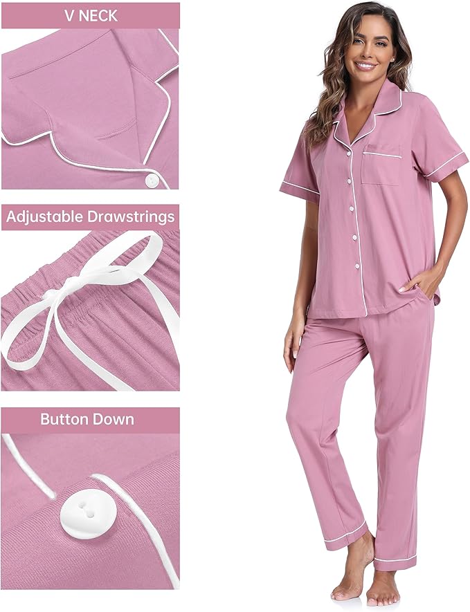 CF Womens 100% Cotton Pajamas Set Button Down Pjs Sets Short Sleeve Top & Long Pants Sleepwear Comfy Loungewear with Pockets