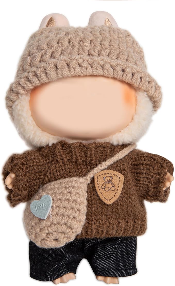 17cm Doll Clothing for Labubu - Kawaii Chic Style Set for 17cm Dolls, Premium Doll Outfit with Accessories - Khaki Wool Hat + Brown Romper + Black Jeans + Khaki Bag (Clothes Only)