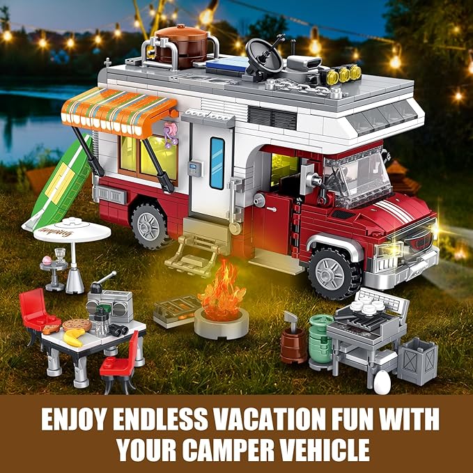 Camper Van Building Set, Compatible with Rvs Camper Vehicles, Summer Beach Holiday Camping Car Building Toy with Light, Gift for Adults and Boys Girls Kids Teens 8-12 (924 PCS)