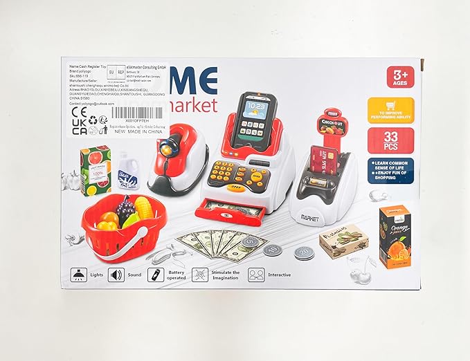 Pretend Play Cash Register Toy Role Play Shopping Cashier Playset with Scanner Card Machine Toy Foods Fruits 33pcs Set Funtional Checkout Game Educational Toy for Kids Birthday