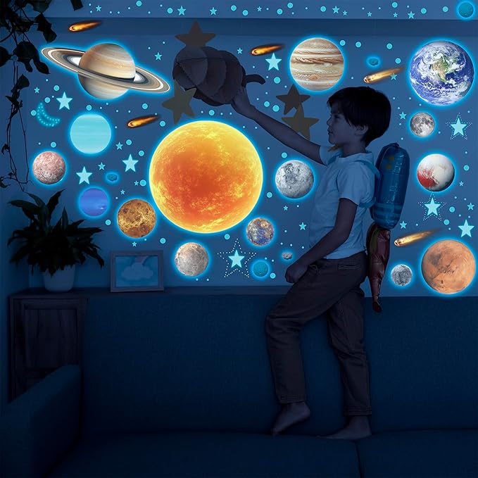 Solar System Wall Decals Glow in The Dark Stars, 965 PCS Stars and Planets Wall Stickers, Baby Nursery Glow Meteorite for Ceiling, Birthday Christmas Gift for Boys and Girls（Blue）