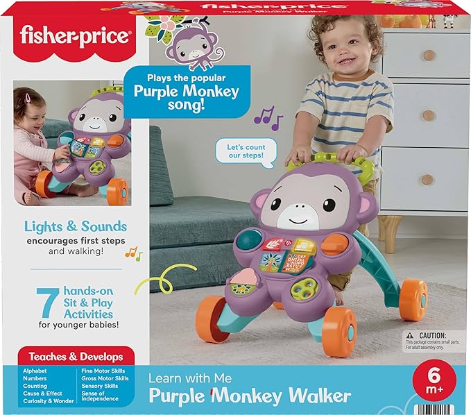 Fisher-Price Baby Push Toy Learn with Me Purple Monkey Walker Musical Learning Activity with Lights for Infants Ages 6+ Months
