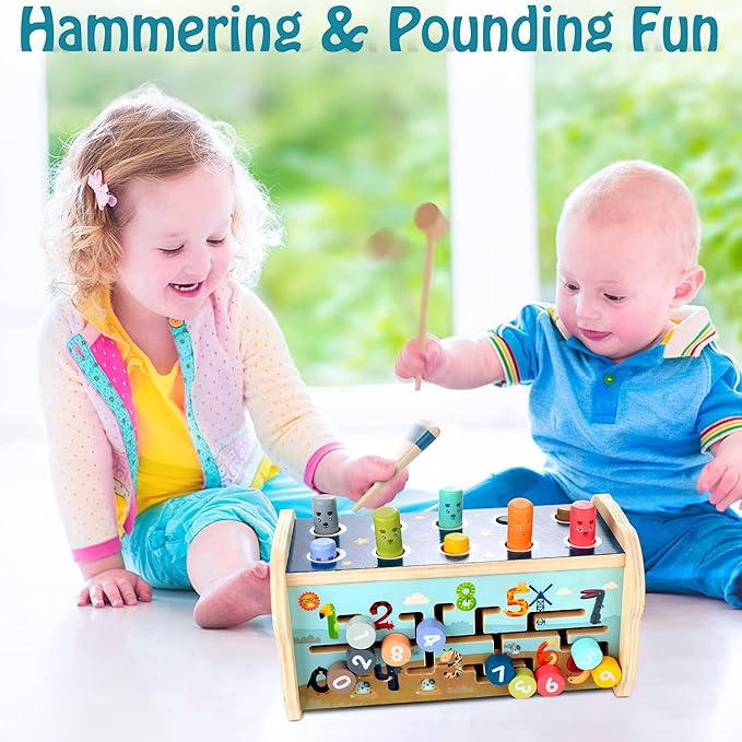 KIDWILL Montessori Pounding Toy for 1 2 Year Olds Wooden Hammering & Activity Board with Xylophone, Number Maze, Pounding Bench Educational Toddler Gift Toys Age 1-3