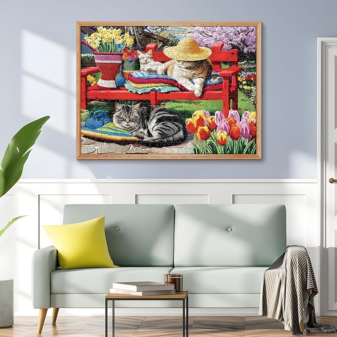 500 Piece Puzzles for Adults, Cats Napping on Red Bench 500 Piece Puzzle, Cat & Garden Jigsaw Puzzle, Perfect for Family Game Night, Home Wall Decor, Ideal Gift for Adults, Kids, Seniors, 20.5 x 15 in