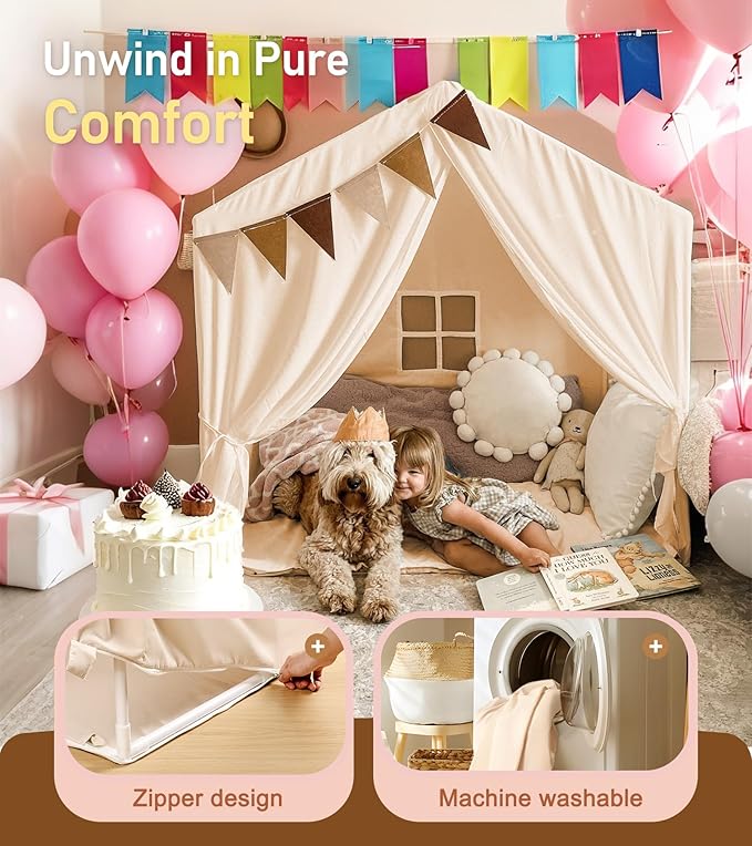 Kids Tent, Play Tent with Star Lights, Large Play Tents with 2 Windows, Kids Playhouse Indoor & Outdoor, Reading Nook, Christmas Toddler Tents for Girls & Boys, 52" x35" x 51", Cream