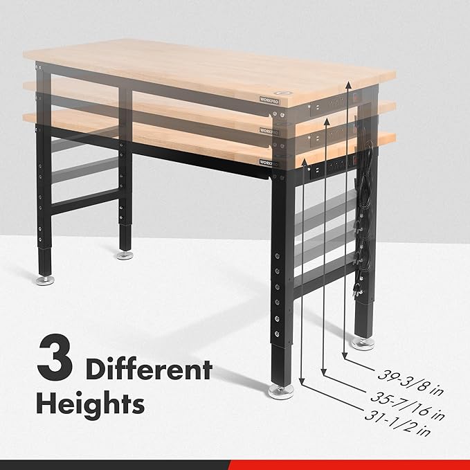 WORKPRO 48" Adjustable Workbench, Rubber Wood Top Heavy-Duty Workstation, 2000 LBS Load Capacity Hardwood Worktable with Power Outlets, for Workshop, Garage, Pack of 2
