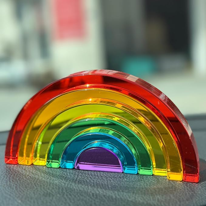 6PCS Acrylic Rainbow Stacker Toy, 100% Acrylic Stacking Toy,Montessori Arch Bridge Rainbow Building Blocks for Kids, Educational Sensory Light Learning Toys