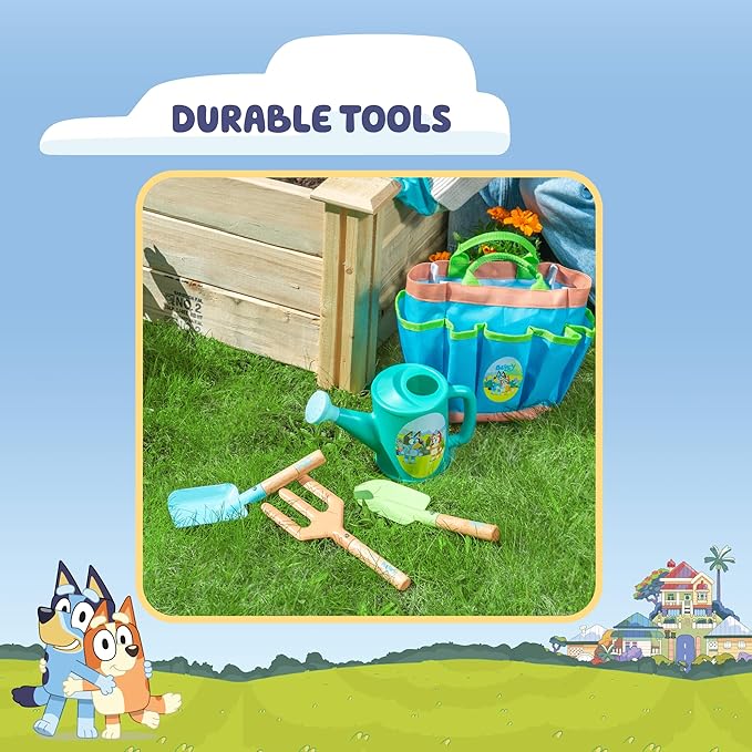 BLUEY Gardening Set | Quality Garden Tool Kit for Kids and Toddlers | Includes Watering Can, Gloves, Two Shovels, Rake and Tote Bag