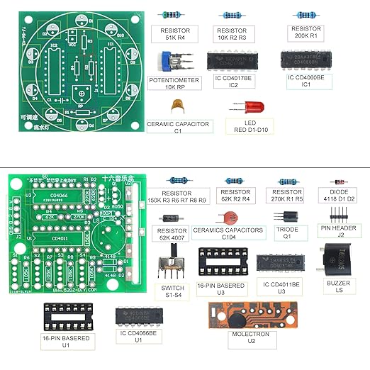 Soldering Practice Kit 5in1 DIY RGB LED 3D Xmas Tree Electronic Organ Metal Detector Adjustable Flash LED 16 Sounds Music Box Plug-in Circuit Kit Learn Soldering Kit for Beginners (05SDS5-1)