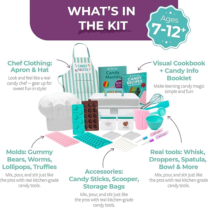 Tovla Jr. Kids Ultimate Candy Making Set – Real Tools, Recipe Cards & Carrying Case – Make Gummies, Lollipops, Chocolates, and More – Ages 6-12