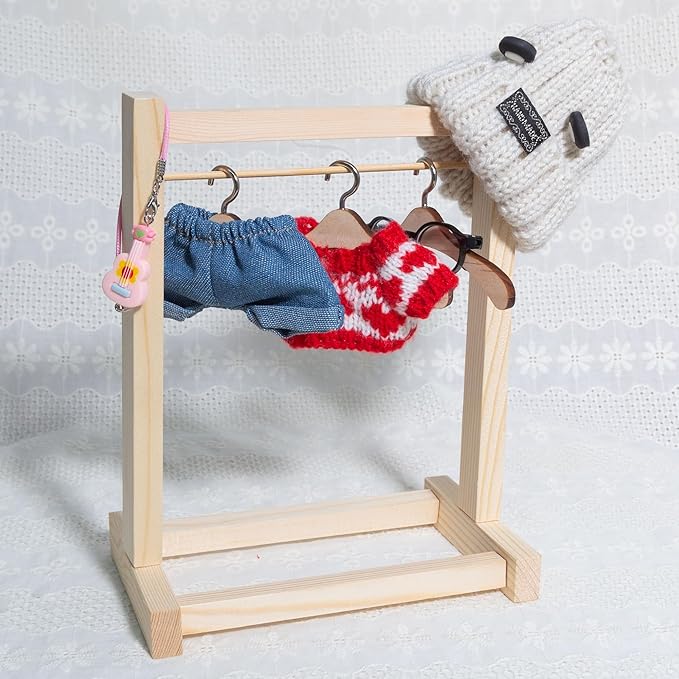 5 Pieces Doll Clothes for Labubu - Kawaii Chic Style Set for 17cm Dolls, Cute Doll Outfit with Accessories - Grey Bear Ears Hat + Red Sweater + Blue Jeans + Glasses + Small Guitar (Clothes Only)