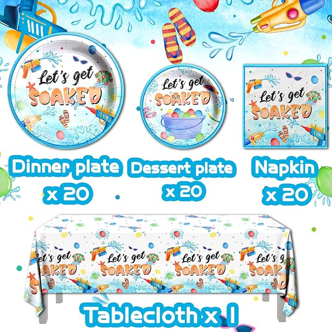 Summer Party Decorations,Pool Party Supplies Tableware Set,Let's Get Soaked Water Gun Pool Party Include Dinner Plates,Napkins,Tablecloth,for Summer Beach Kids' Birthday Hawaiian Decorations