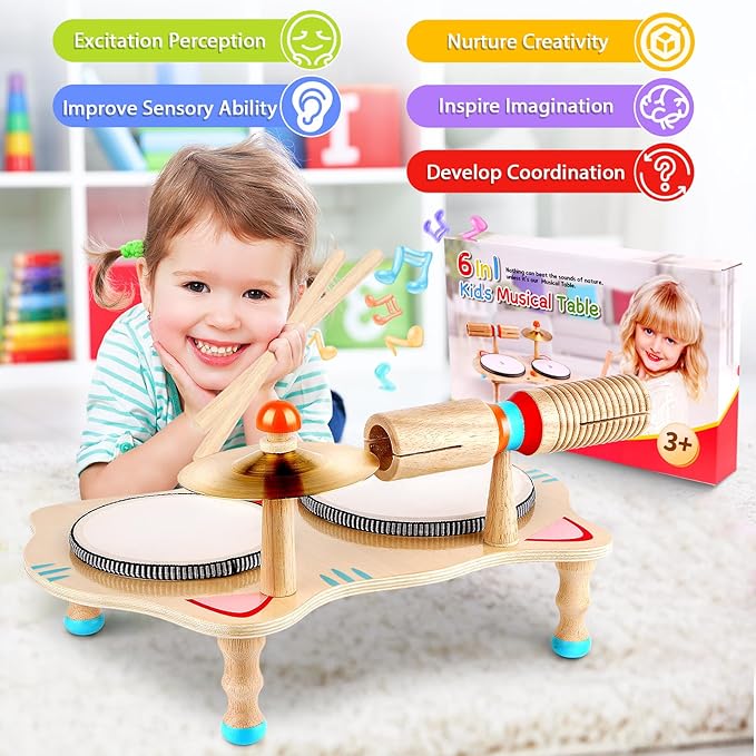 WINGYZ Kids Drum Set – 6-in-1 Wooden Musical Instruments for Toddlers 1–3, Montessori Baby Music Set with Drums, Cymbal & Tone Block, FSC-Certified Cat Design Table for Home & Classroom Learning Gift