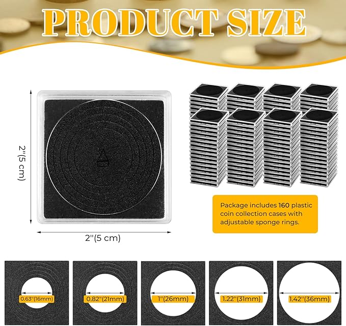 160 Pcs Adjustable Acrylic Coin Collection Cases with Sponges, Coin Snap Holder, Silver Dollar Protection Cases for Collectors, Coin Dollar Collection Supplies for Small Coins(16mm-36mm)