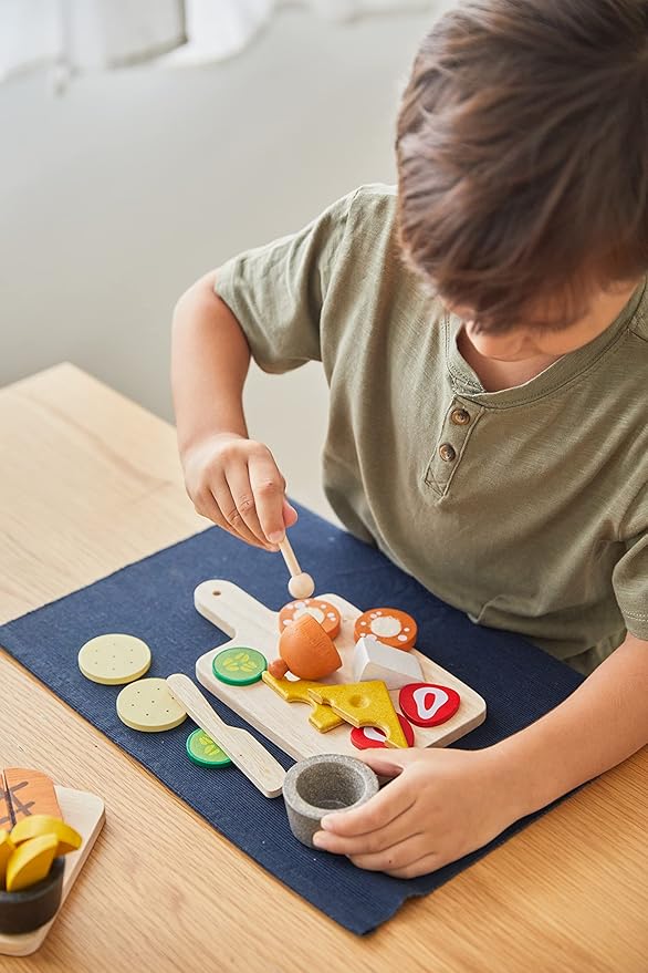 PlanToys® Wooden Pretend Cheese & Charcuterie Board Food Toy for Kids | Includes Cheese, Sausage, Crackers, Grapes, Knife & Board | Montessori Role Play Kitchen Toy for Imaginative Learning
