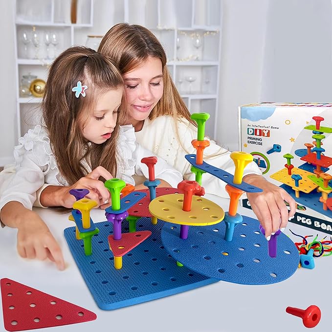 Counting Peg Board for Kids - Toddler Stacking Toys - 65 Pcs DIY Building Set Large Foam Board & Occupational Therapy Toys, Color Sorting & Lacing Toy , Montessori Tools, Peg Puzzles for Toddlers 1-3