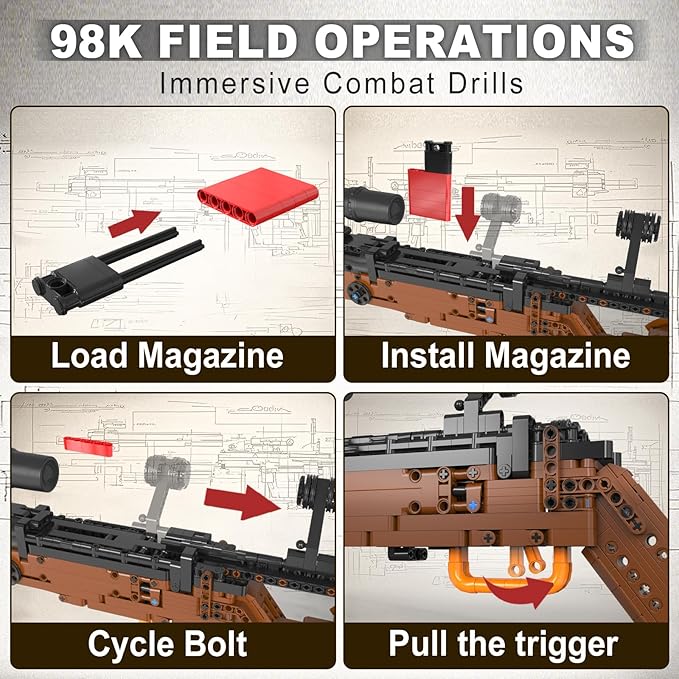 98k Building Blocks Gun-Sets for Adults Boys, 1:1 Sniper Rifle Big Model Kit That Shoot Army Toys for Kids Age 8+, Realistic Military Collection Cool Birthday Gifts for Teen Men 1280pcs