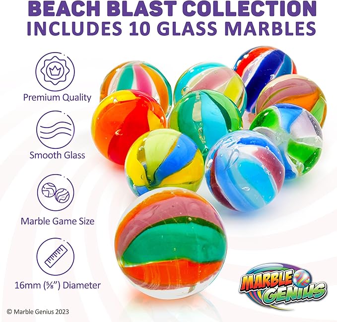Marble Genius Handmade Glass Marbles - 16mm (5/8 in) Beach Blast, 10-Count - Beach Ball Pattern & Solid Glass Spheres for Collection & Marble Run