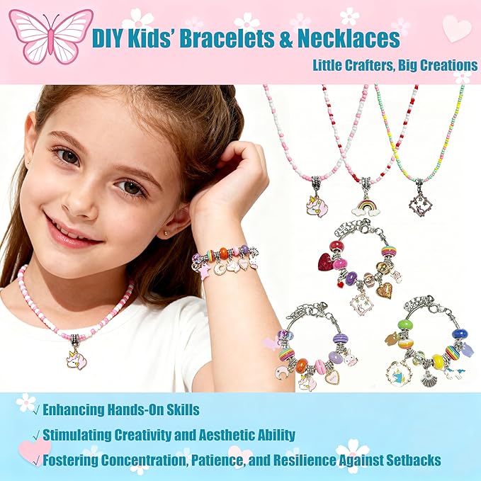 GO2HEJING Charm Bracelet Making Kit for Girls, Jewelry Making Kit for Girls 8-12, Ear Cuff/Necklace Craft Kit, Cute Face Temporary Tattoos for Kids, Unicorn Toys for Teenage Birthday Gift (Forest)
