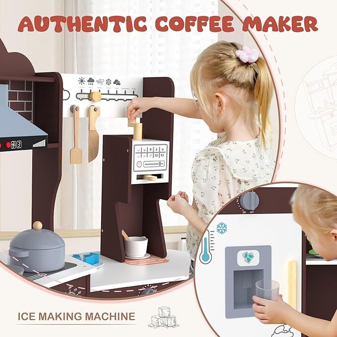 ANPABO Play Kitchen for Kids, Wooden Kids Kitchen Playset for Toddlers with Lights & Sounds, Pretend Play Toys with Coffee & Ice Maker, 30Pcs Toy Kitchen Accessories Gift for Boy&Girl (Espresso)