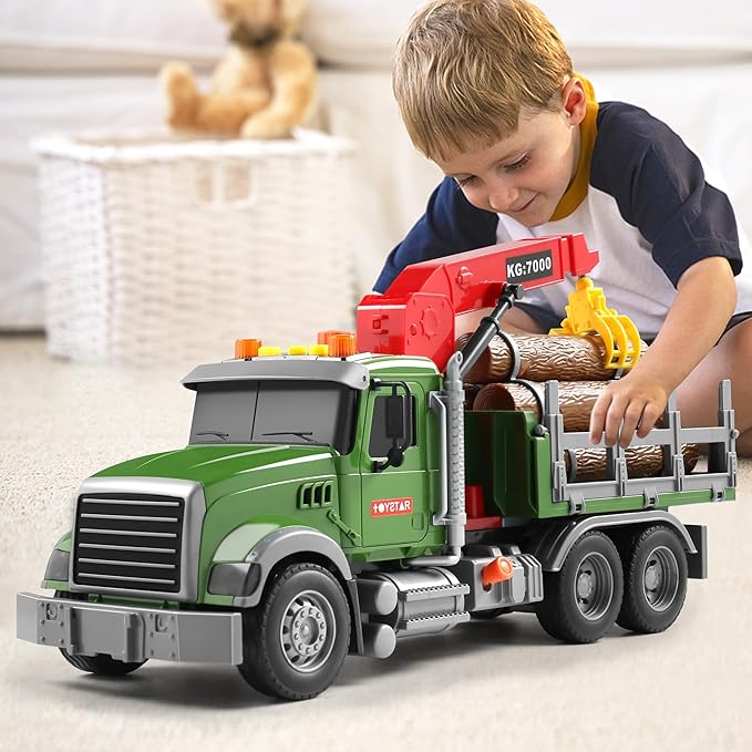 Dwi Dowellin Kids Toys for 3 4 5 6 7 Years Old Boys,15" Large Timber Truck with Loading Crane and 6 Trunks,Birthday Gifts for Boy Toddler Child