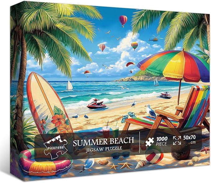 Beach Puzzles for Adults 1000 Pieces, PICKFORU Vintage Summer Puzzle Lounge Chair Beach Vacation, Difficult Seaside Puzzles for Adults, Colorful Art Puzzle as Wall Decor