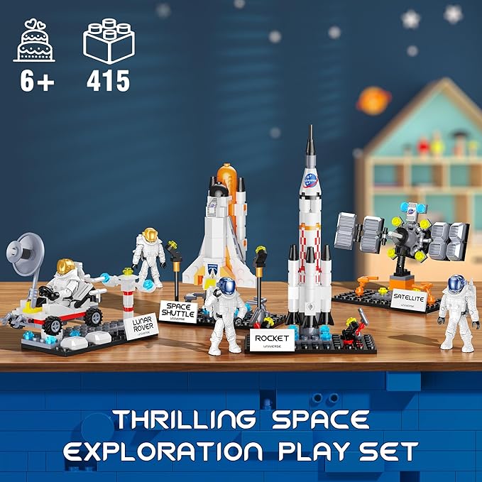 Basket Stuffers Toys for Kids Boys Girls, Interstellar Space Shuttle Toys for 6, 7, 8, 9, 10+ Year Old, Rocket Spaceship Building Toy with 4 Astronauts, Easter Hunt Party Favor Gifts, 415 PCS