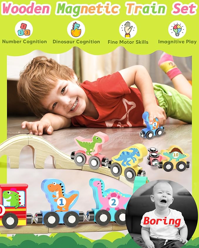 11 Pcs Magnetic Dinosaur Train Set Montessori Toys for 1 2 3 Years Old Toddlers Boys Girls, Wooden Dinosaur Preschool Learning Activities Educational Sensory Toys Birthday Gifts Ages 1-3, 2-4