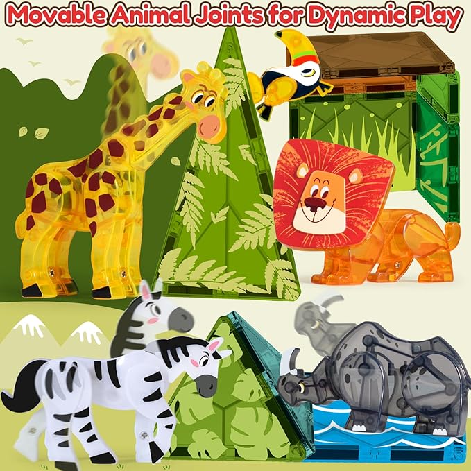 Oriate Magnet Safari Animals for Magnetic Tiles, 5pcs Zoo Animal Toys for Magnetic Blocks, Movable Joint Magnet Safari Animals Figures Compatible with Magnetic Building Tiles for Kids Magnetic Tiles