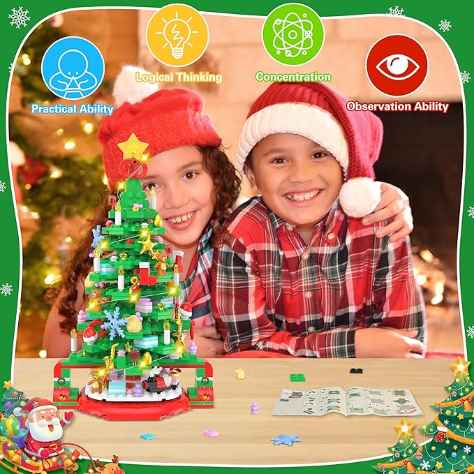 Flyart Christmas Tree Building Blocks, Toy Building Sets with LED Light, Christmas Tree Building Bricks with Christmas Train, Stocking, Snowflake, Xmas Gifts for Kids Adults Teens