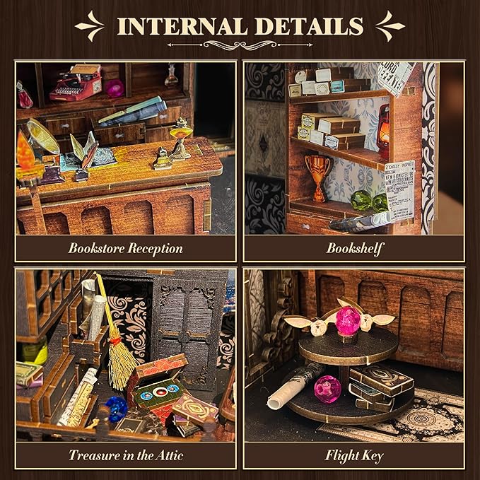 DIY Book Nook Kit, 3D Wooden Puzzle Miniature Booknook Bookend Bookshelf Decor with LED Light, Dust Cover, Book Nook Kits for Adults Teen (Magic Wand Shop)