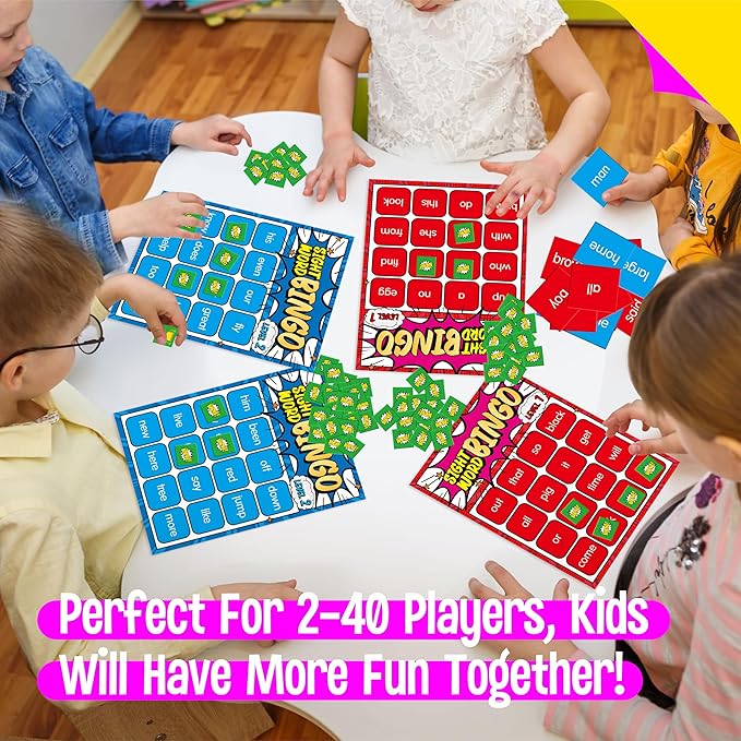 Sight Word Bingo Game, 144 Sight Words Learn to Read Level 1 & Level 2 Bingo Board Game Dolch & Fry Words Lists for Kindergarten, Classroom, Home, Grade 1st, 2nd, Kids 4-8 (2-40 Players)