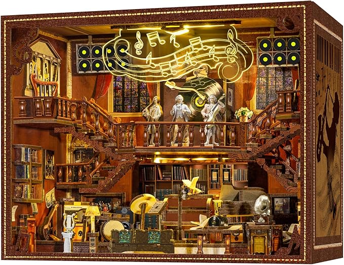 Book Nook Music Kit - DIY Miniature Dollhouse with LED Lights for Adults & Teens, Maestro's Study 3D Wooden Bookshelf Decor, for Family & Friends