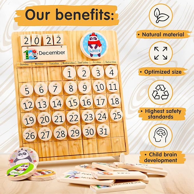 Panda Brothers Wooden Perpetual Calendar - Montessori Toy for Kids Learning Seasons, Months and Days of The Year, Preschool Calendar for Kids Learning at Home and Classroom Teaching, on Desk and Wall
