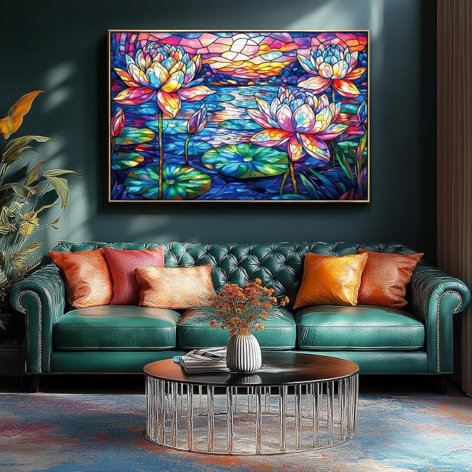 Stained Glass Flower Puzzles for Adults 1000 Pieces Colorful Waterlily Impossible Hard Puzzle for Adults Beautiful Vintage Flowers Art Jigsaw Puzzles Unique Challenging Mosaic Floral Family Puzzle