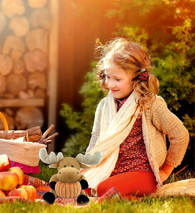 DolliBu Super Soft Moose Stuffed Animal with Pumpkin Decor and Name Personalization - Pumpkin Plush Animal for Fall, Halloween and Thanksgiving for Baby, Kids, Adults - 6 Inch