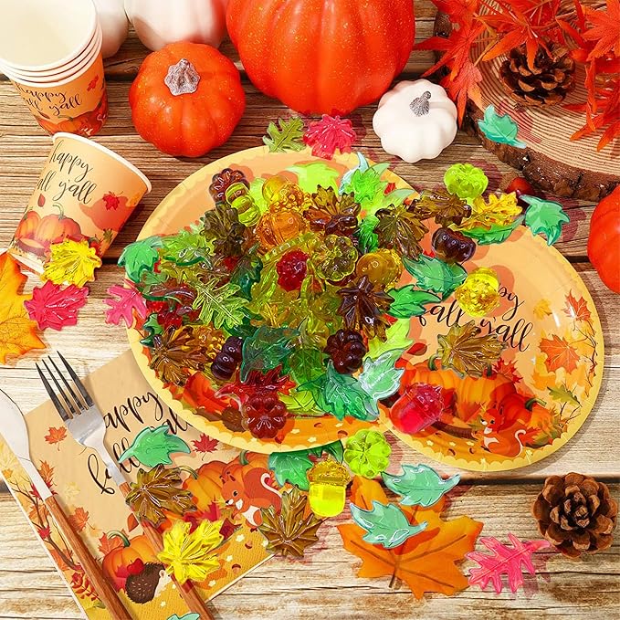 120pcs Fall Acrylic Sensory Bin Filler, Thanksgiving Vase Filler Mini Acrylic Pumpkins Leaves Acorns Gems for Decor Home, Table Centerpieces, Preschool Counting and Thanksgiving Craft