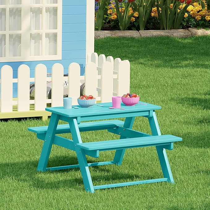 Costaelm Kids Picnic Table, HDPE All Weather Outdoor Toddler Picnic Table and Chair Set Kids Bench for Patio, Backyard, Garden, Lawn, Turquoise