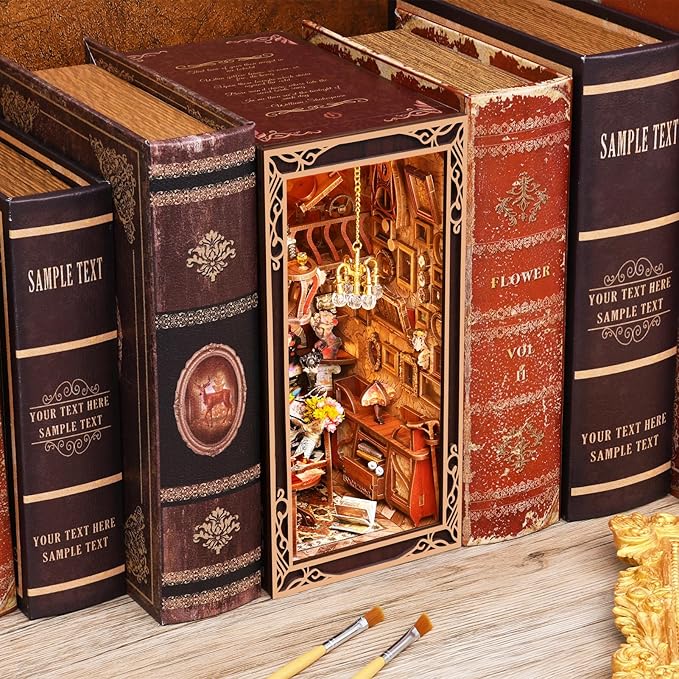 Book Nook Kit, DIY Miniature Dollhouse Booknook Kit, 3D Wooden Puzzle Bookend Bookshelf Insert Decor with LED Light for Teens and Adults, Painter's Day at Dusk