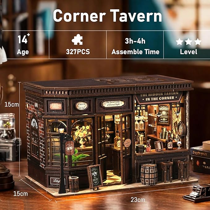 ISSEVE Book Nook Kit - DIY Miniature House Kit for Adults, Teens and Beginners, Corner Tavern Dollhouse Booknook Tiny House Bookshelf Decor 3D Wooden Puzzle, Gifts for Friends Family (Corner Tavern)