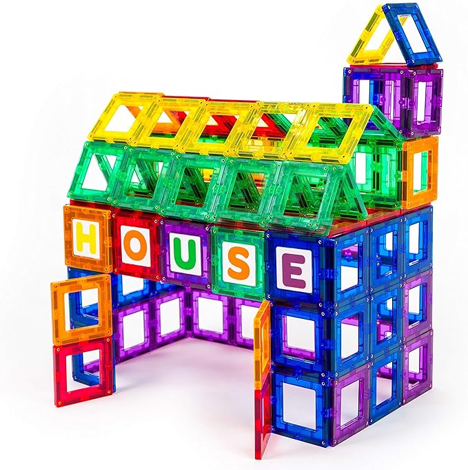 Playmags Magnetic Tile Building Set: Exclusive Educational Clickins – 80-Pc. Kit: 40 Super Strong Clear Color Magnet Tiles Windows & 40 Letters & Numbers – Stimulate Creativity & Brain Development