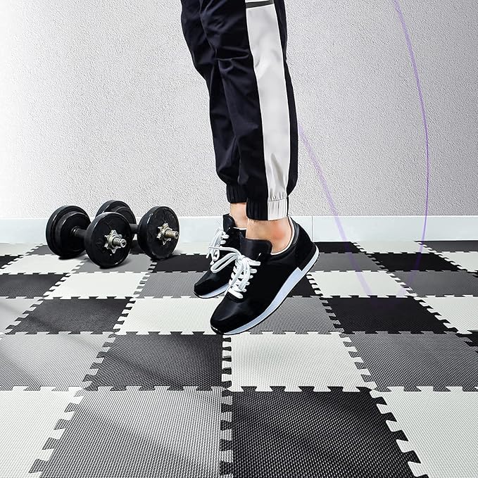 qqpp EVA Rubber 18 Tiles Interlocking Puzzle Foam Floor Mats - Baby Play Mat for Playing | Exercise Mat for Home Workout. White, Black, Gray. QC-ADLb18N