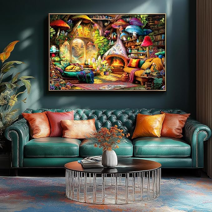 Fantasy Mushroom House Jigsaw Puzzle, 500 Pieces, Cozy Interior Scene with Fireplace