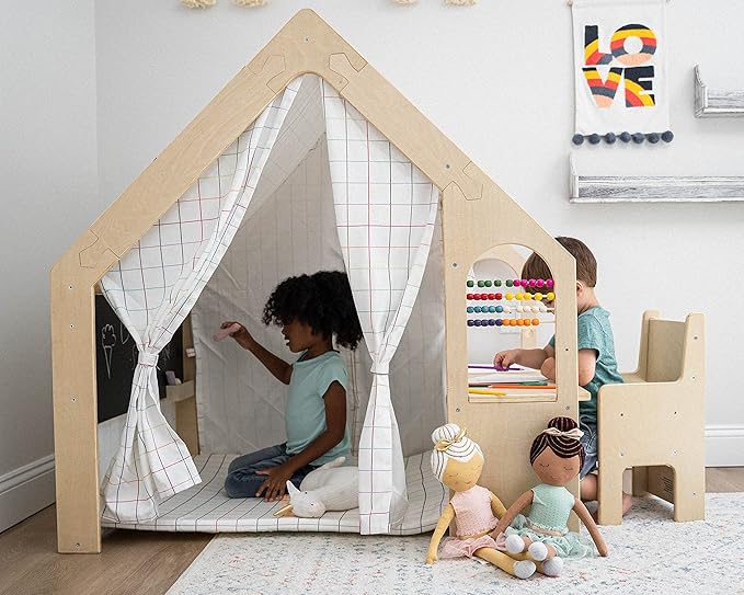 Avenlur Flair - 5 in 1 Indoor Playhouse with Desk Table, Chair, Chalkboard, Floor Cushion and Curtain Shades - Montessori and Waldorf Style for Ages 1 to 8 Years Old - (Large, Colorful Windowpane)