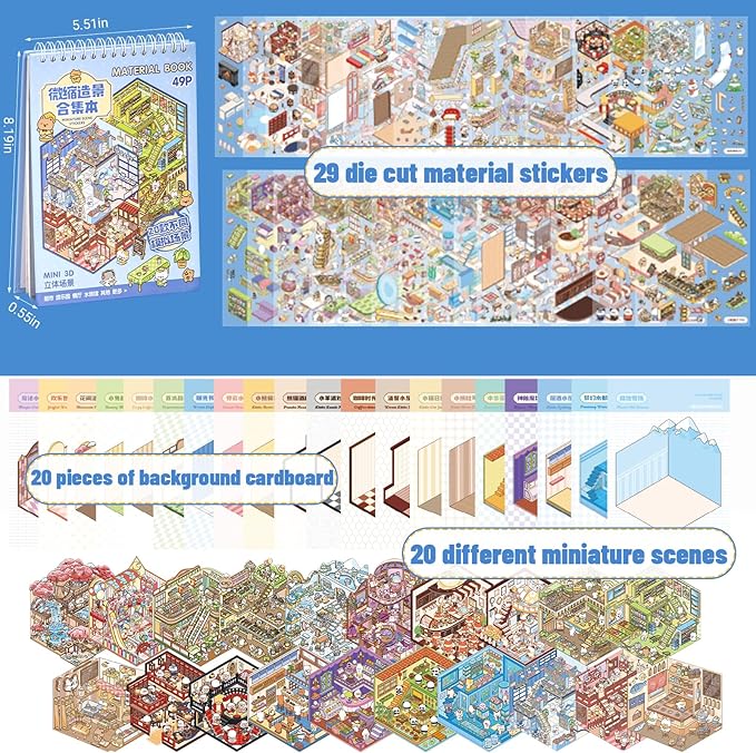 20 Sets DIY 3D Sticker Scene Book,Cute Cartoon Animal Isometric Scene,DIY 3D House Stickers Set,Sticker Therapy for Adults Kids,Conduce to Relief Stress Pass The Time,Christmas Gifts for Kids