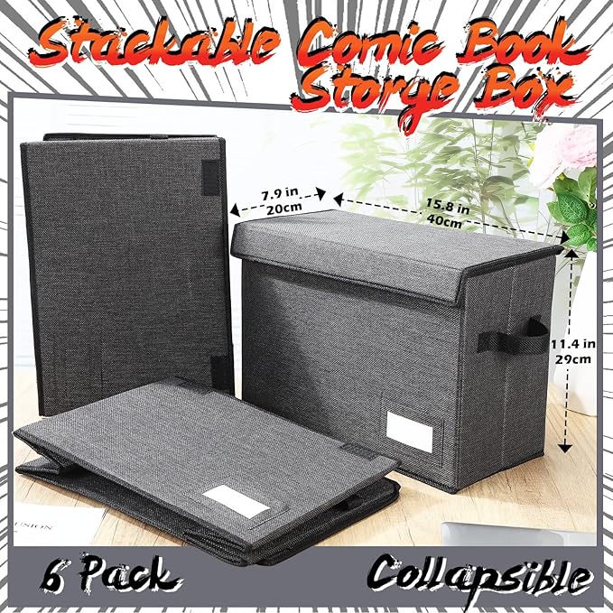 Chuangdi 6 Pcs Comic Book Storage Boxes, Back to School Collapsible Comic Short Box Case with Lid, 15.8 x 7.9 x 11.4 Inch Book Bin Container Holds 150 Comics(Charcoal Gray)