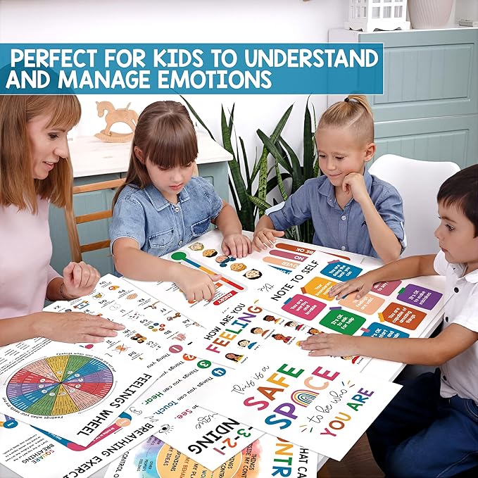 10 Mental Health Posters For Kids (10"x14") Therapy Office Decor, Feeling Wheel Poster, What Can I Control, Emotions Chart Kids Inspirational Wall Art, Classroom School Counselor Psychologist Decor