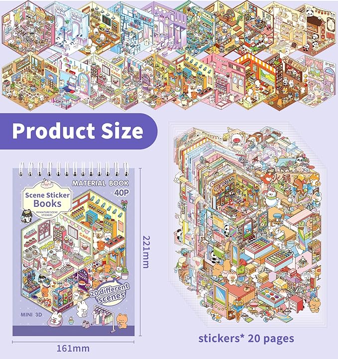 DIY 3D House Stickers, 4 Sets Fun DIY Stickers Scene Make Your Own Mini House Cute Cartoon Animal Scene Stickers for Kids Adult Sticker Art Relief Stress Pass The Time-20 Sets